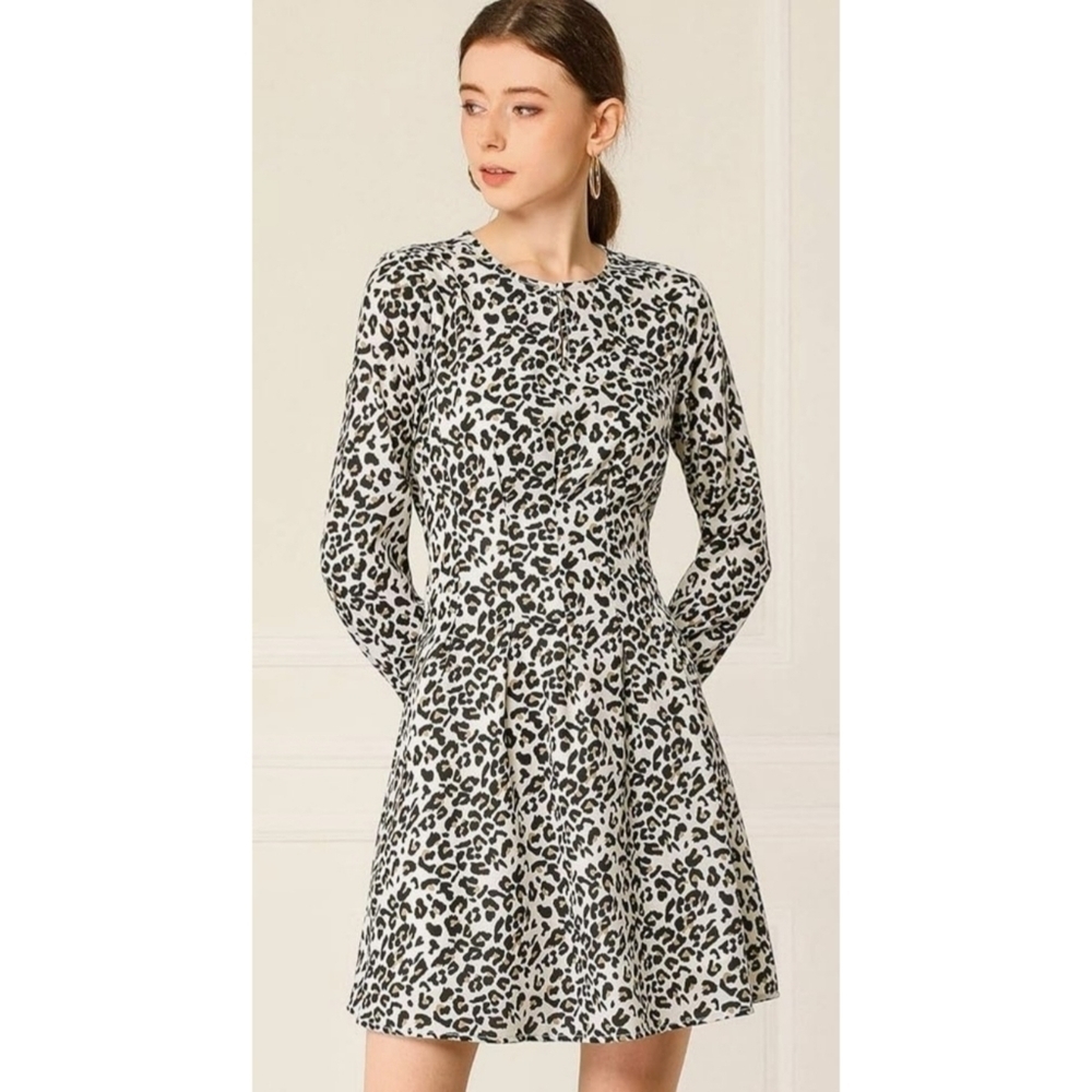 Allegra K A-Line Pleated Fit and Flare Leopard Dress